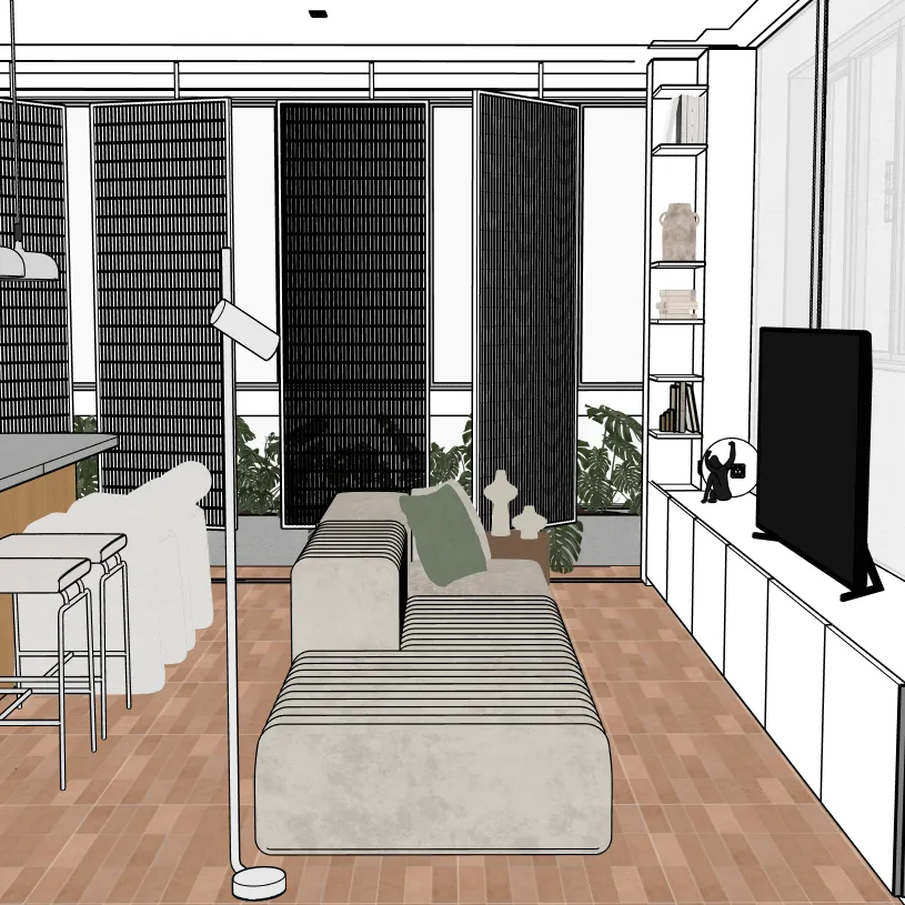 A mesma cena enquadrada no SketchUp, origem de todas as peças