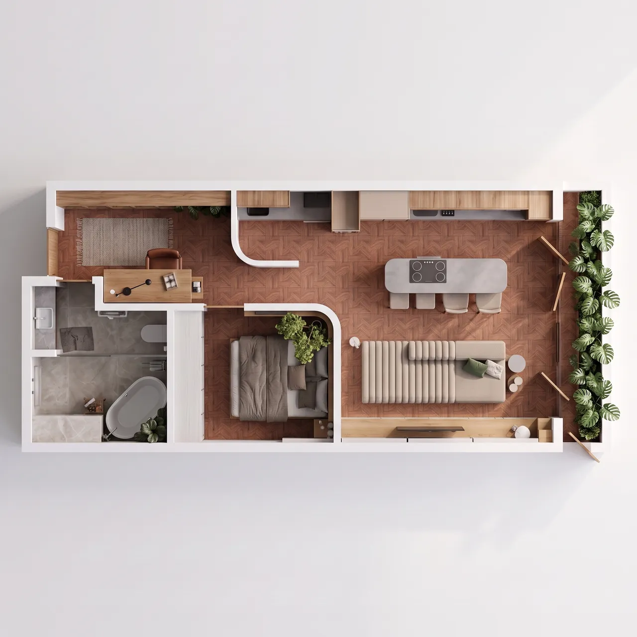 Planta humanizada vista de cima, com mobiliário e materiais realistas